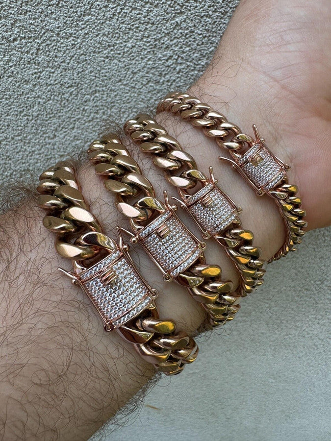 Miami Cuban Link Bracelet W. CZ Clasp - Rose Gold Plated Stainless Steel - 6"-10" - 8mm-14mm