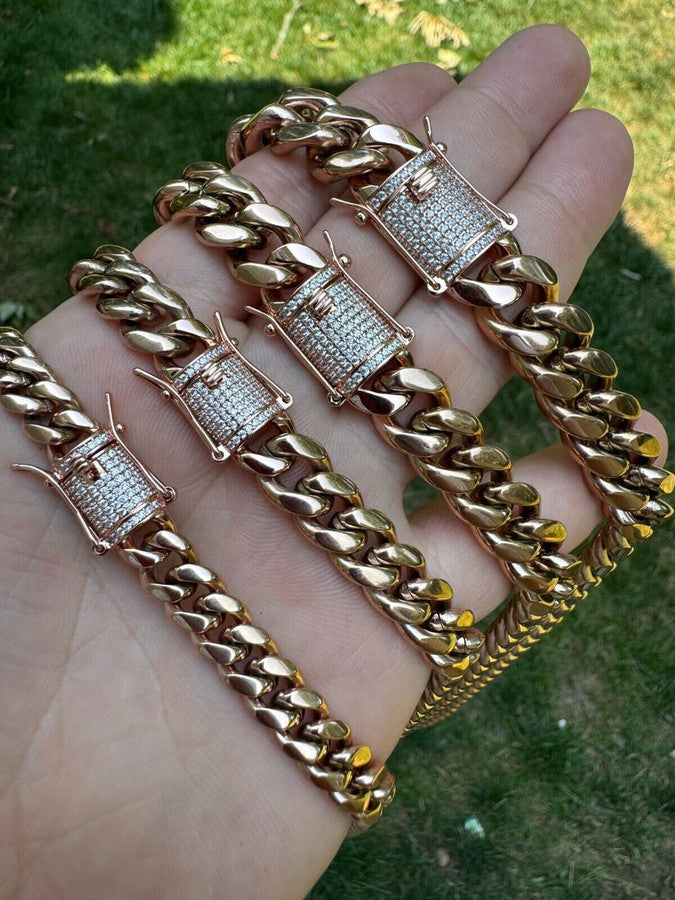 Miami Cuban Link Bracelet W. CZ Clasp - Rose Gold Plated Stainless Steel - 6"-10" - 8mm-14mm