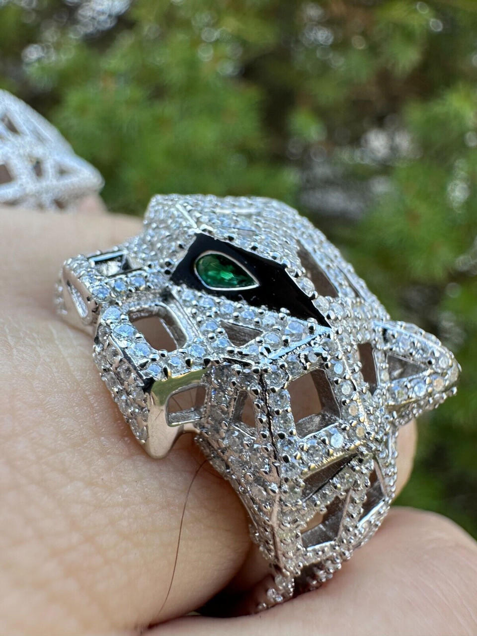 MOISSANITE & Emerald Geometric Panther Ring Real Solid 925 Silver