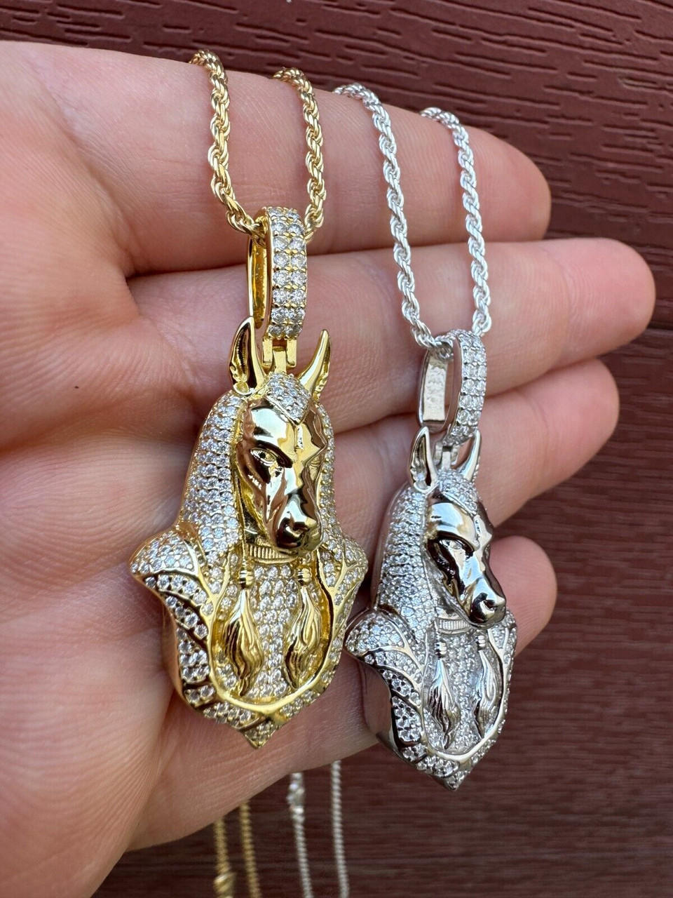 MOISSANITE Anubis Pendant Real 925 Silver / Gold Iced Egyptian Necklace