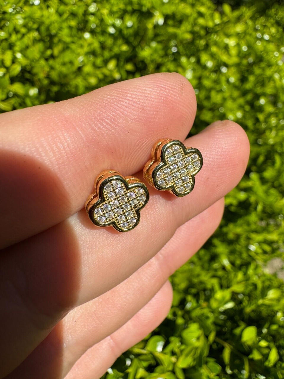 MOISSANITE Earrings Clover 10mm 14k Gold Over 925 Silver Iced Large Mens Ladies