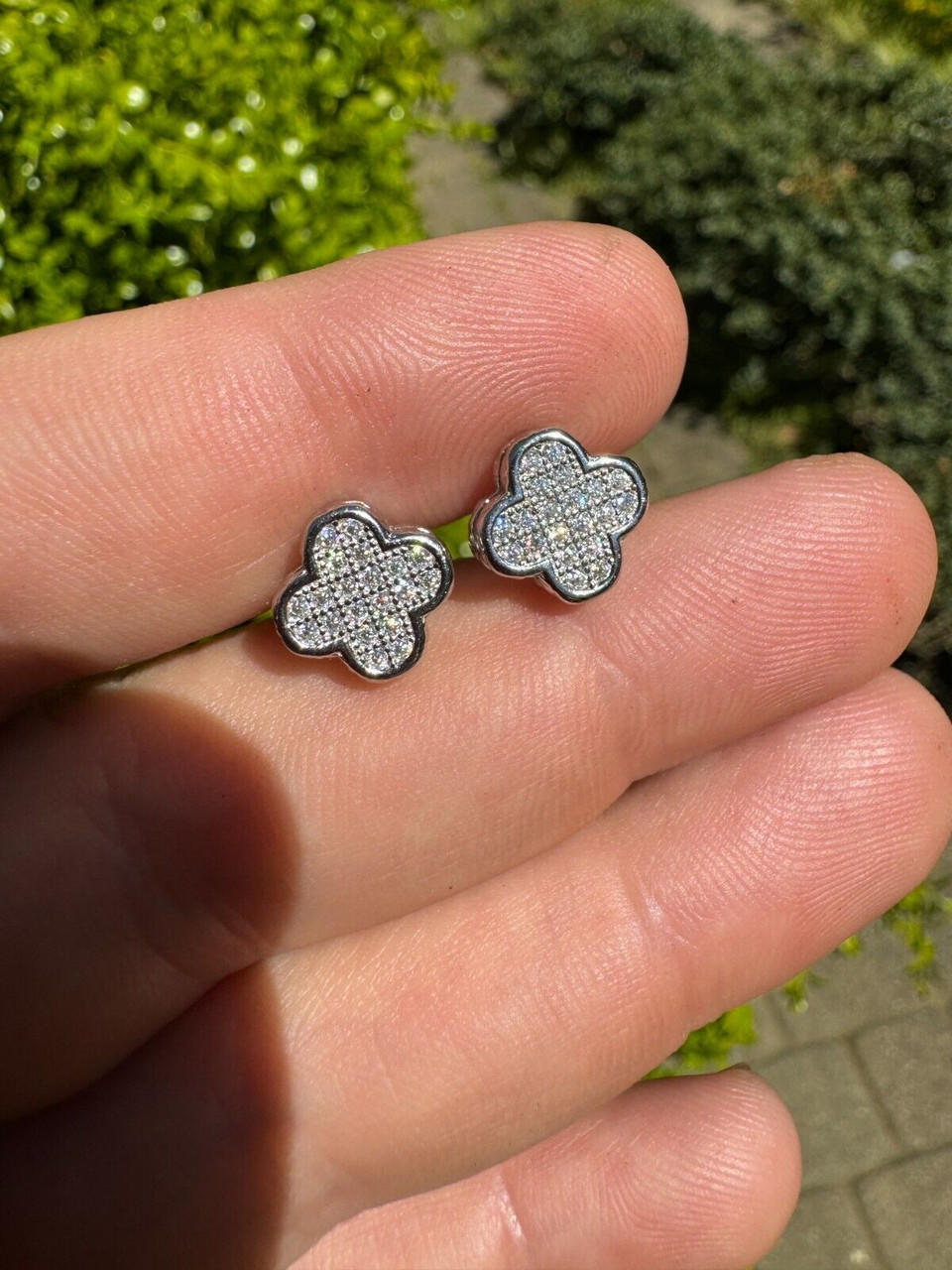 MOISSANITE Earrings Clover 10mm Real 925 Silver Iced Large Mens Ladies Studs