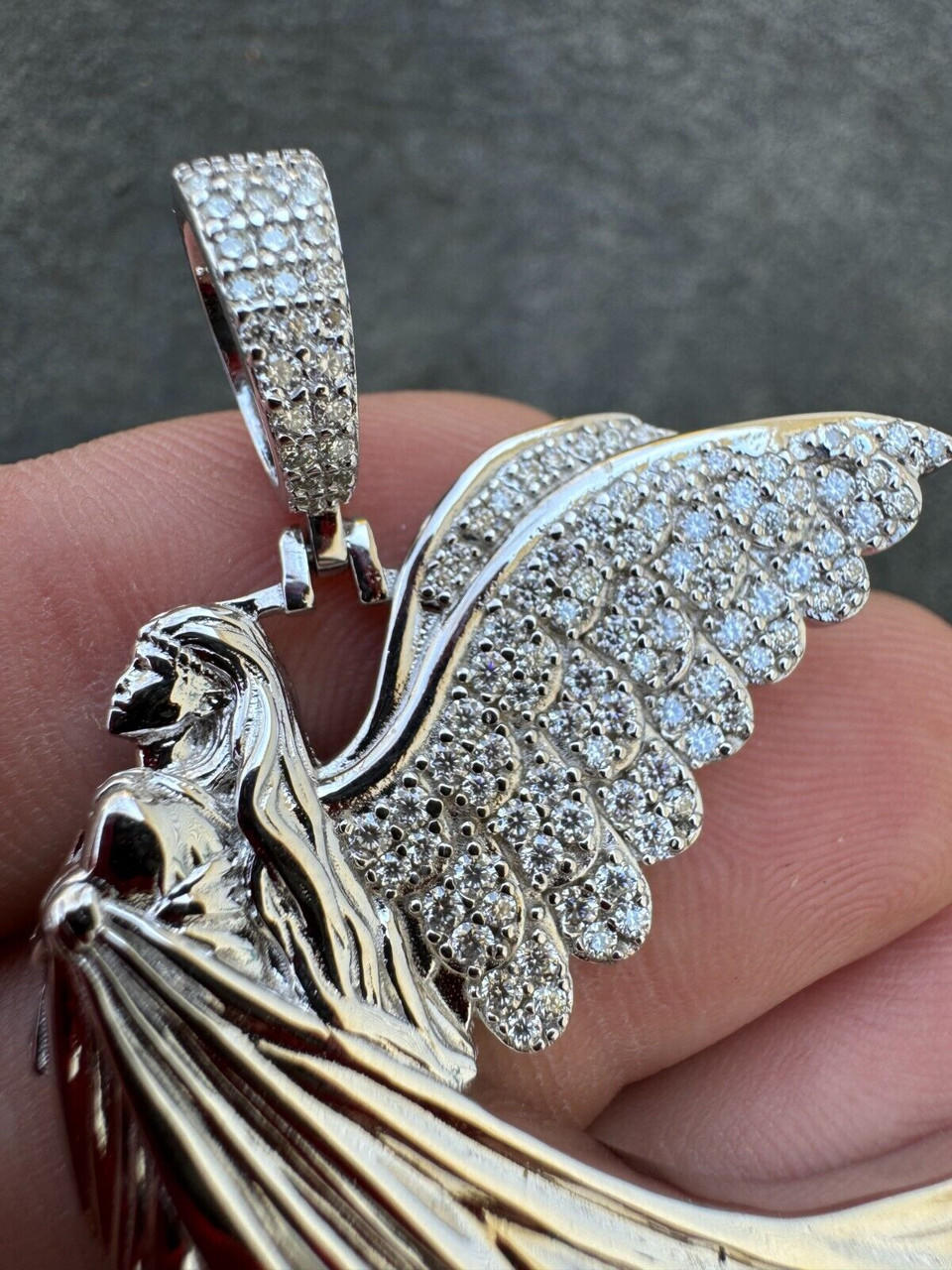 Moissanite Guardian Angel Wing Pendant Real 925 Silver Iced Necklace Mens Ladies