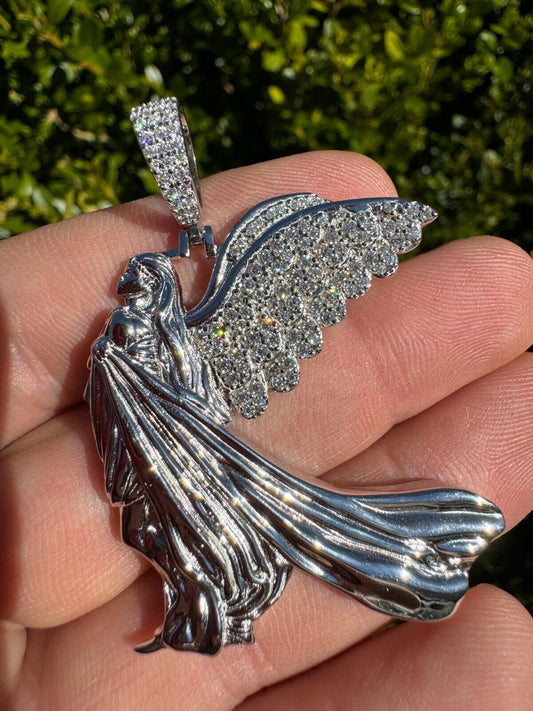 Moissanite Guardian Angel Wing Pendant Real 925 Silver Iced Necklace Mens Ladies