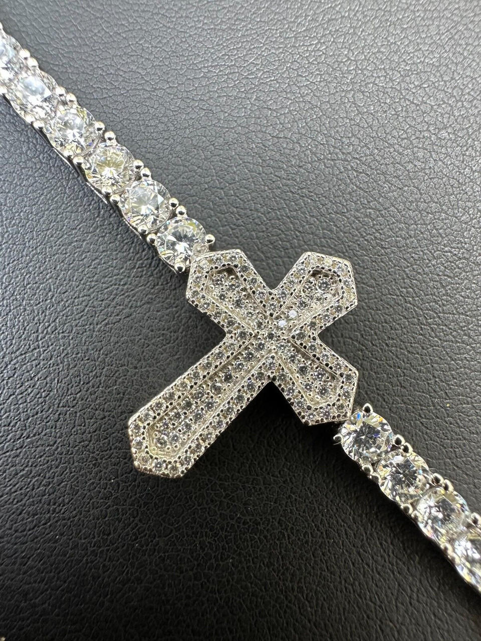 Moissanite Iced Cross Shape Tennis Bracelet Mens Ladies Real 925 Silver