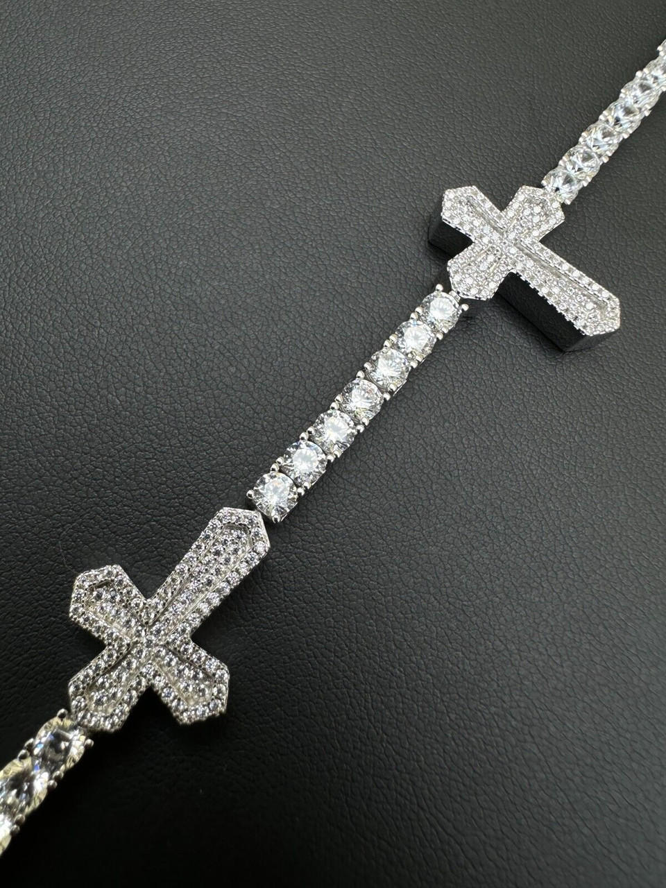 Moissanite Iced Cross Shape Tennis Bracelet Mens Ladies Real 925 Silver