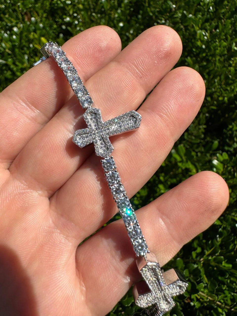 Moissanite Iced Cross Shape Tennis Bracelet Mens Ladies Real 925 Silver