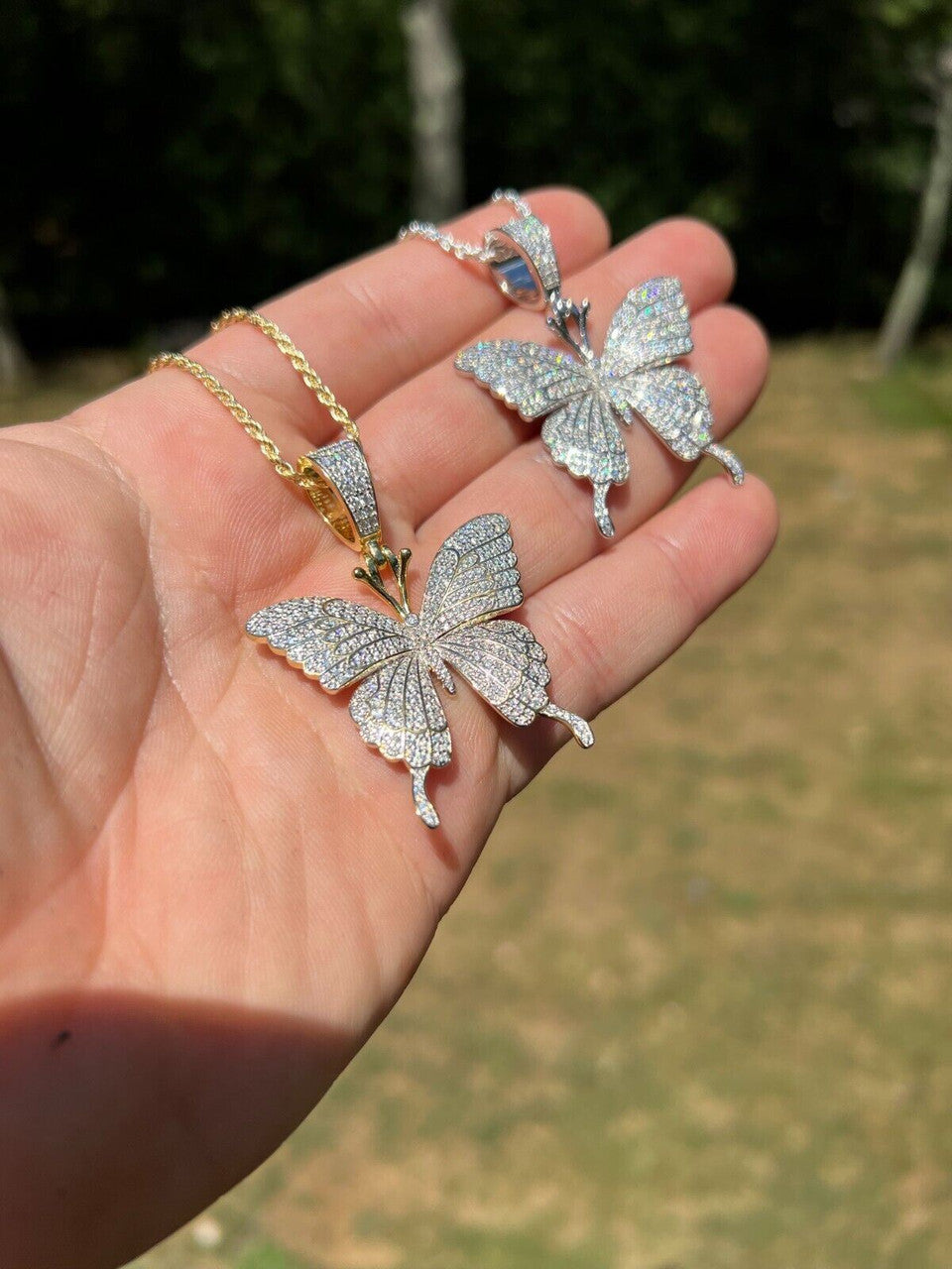 MOISSANITE Large Butterfly Iced Real 925 Silver / Gold Plated Necklace