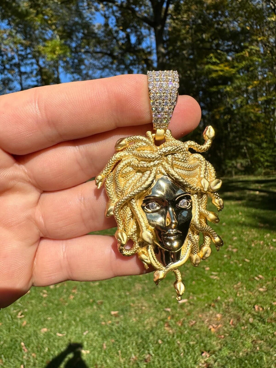 MOISSANITE Medusa Head Pendant - Iced Necklace Real 14k Gold Vermeil 925 Silver