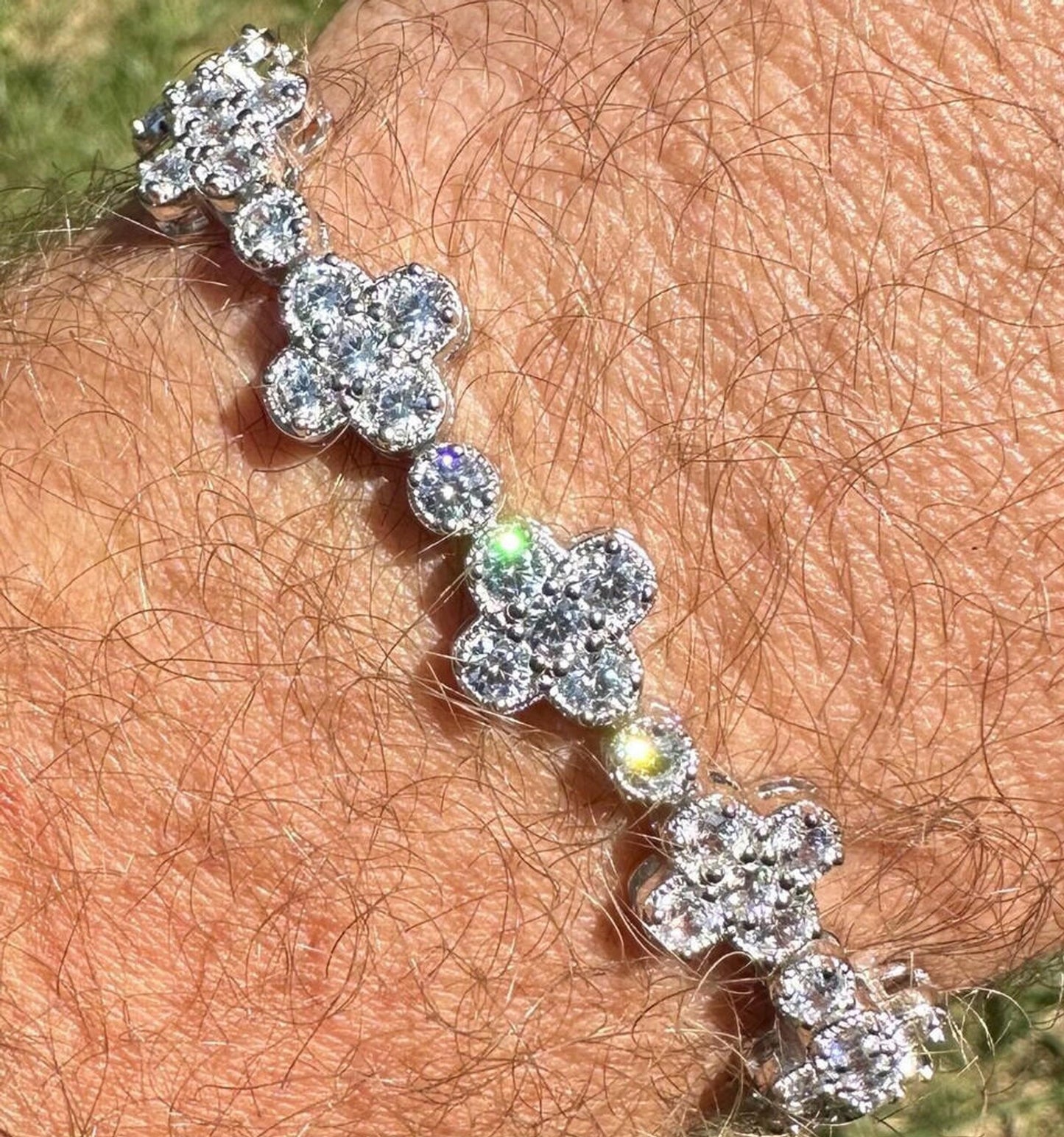 Moissanite Real 925 Silver 10mm Iced Clover Flower Tennis Bracelet Mens Ladies