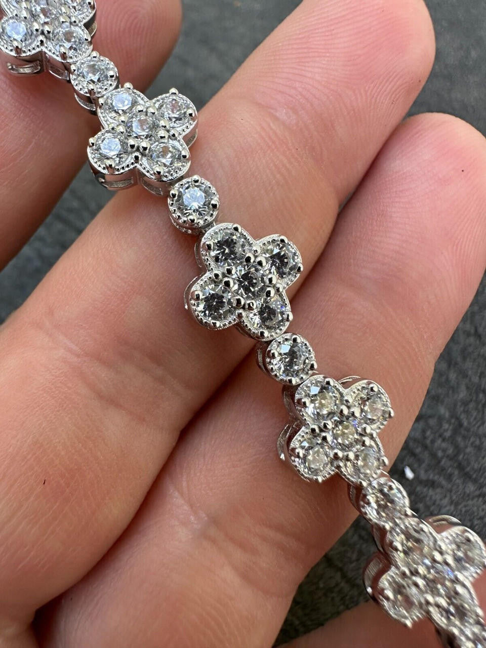 Moissanite Real 925 Silver 10mm Iced Clover Flower Tennis Bracelet Mens Ladies