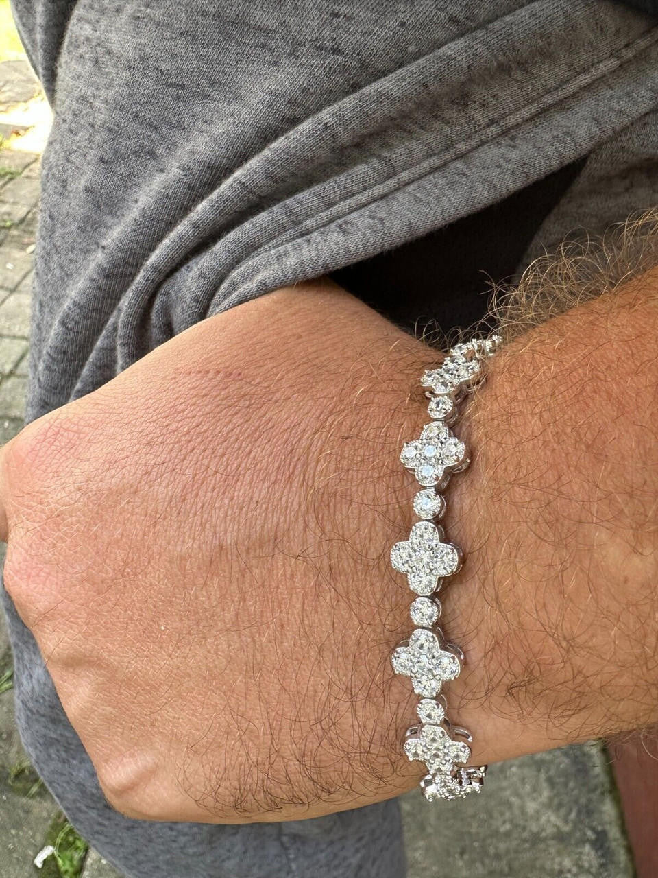 Moissanite Real 925 Silver 10mm Iced Clover Flower Tennis Bracelet Mens Ladies