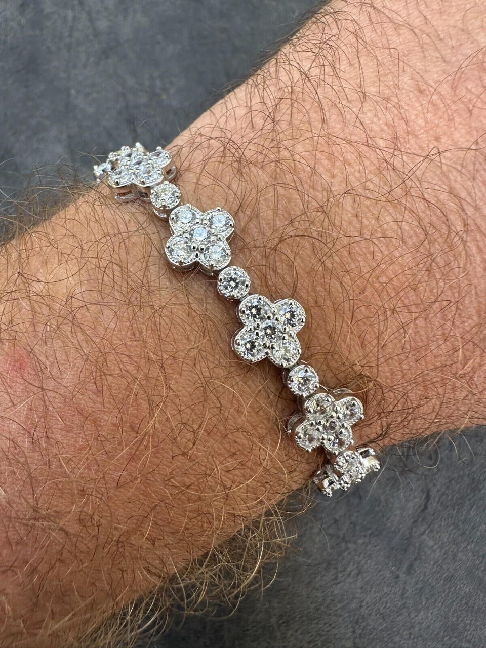 Moissanite Real 925 Silver 10mm Iced Clover Flower Tennis Bracelet Mens Ladies