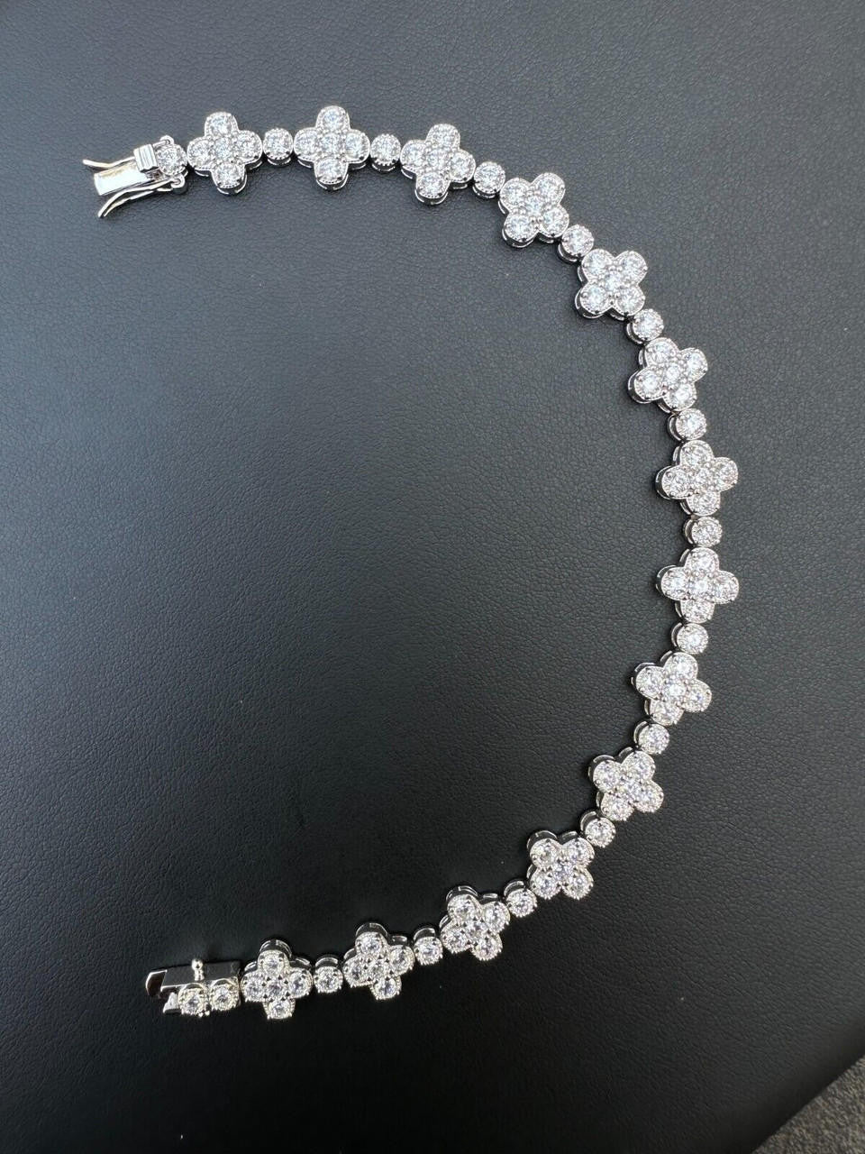 Moissanite Real 925 Silver 10mm Iced Clover Flower Tennis Bracelet Mens Ladies