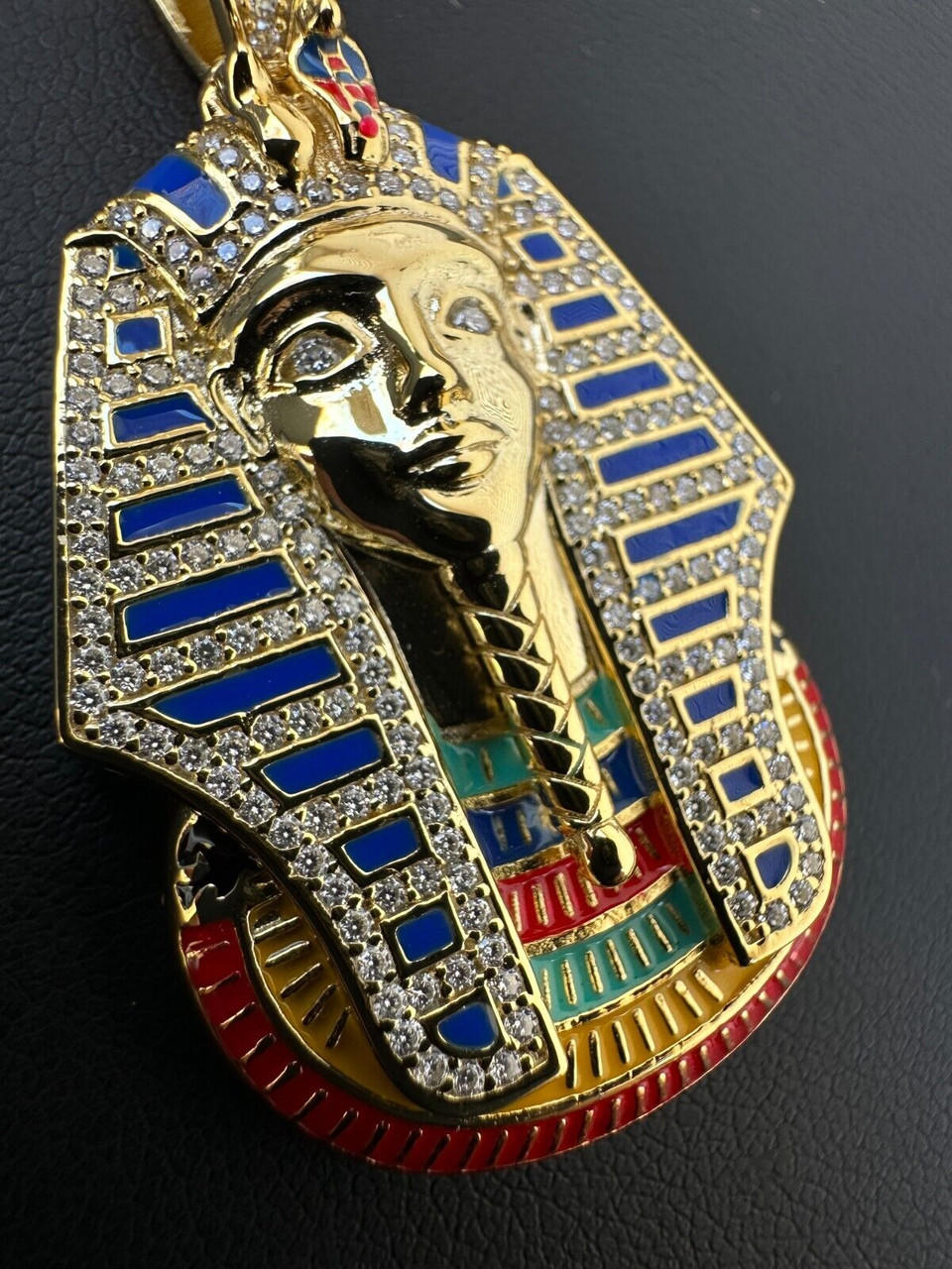 MOISSANITE Real 925 Silver Gold Iced Kig Tut Egyptian Pharoah Necklace W. Enamel