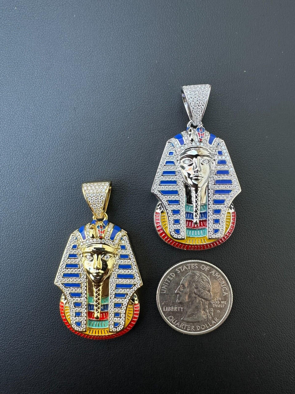 MOISSANITE Real 925 Silver Gold Iced Kig Tut Egyptian Pharoah Necklace W. Enamel