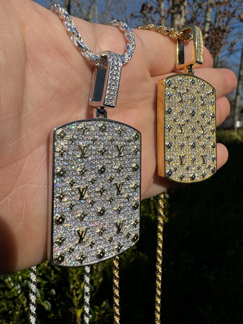 MOISSANITE Real 925 Silver / Gold Louis Iced Out Dog Tag LV Pendant Necklace