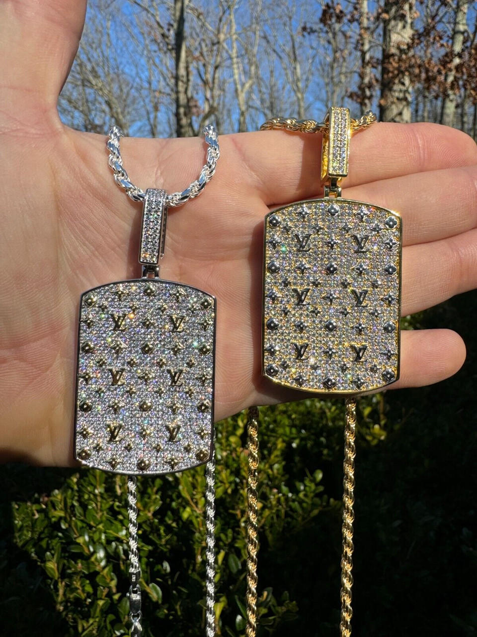 MOISSANITE Real 925 Silver / Gold Louis Iced Out Dog Tag LV Pendant Necklace