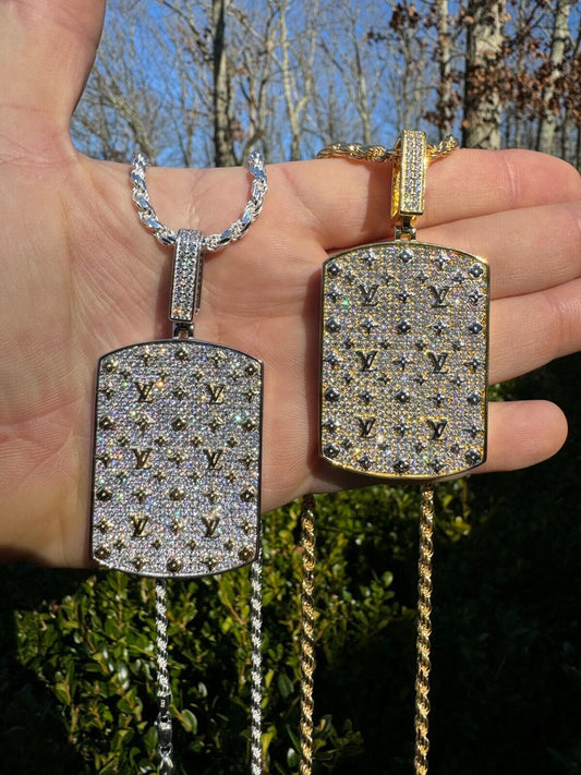 MOISSANITE Real 925 Silver / Gold Louis Iced Out Dog Tag LV Pendant Necklace