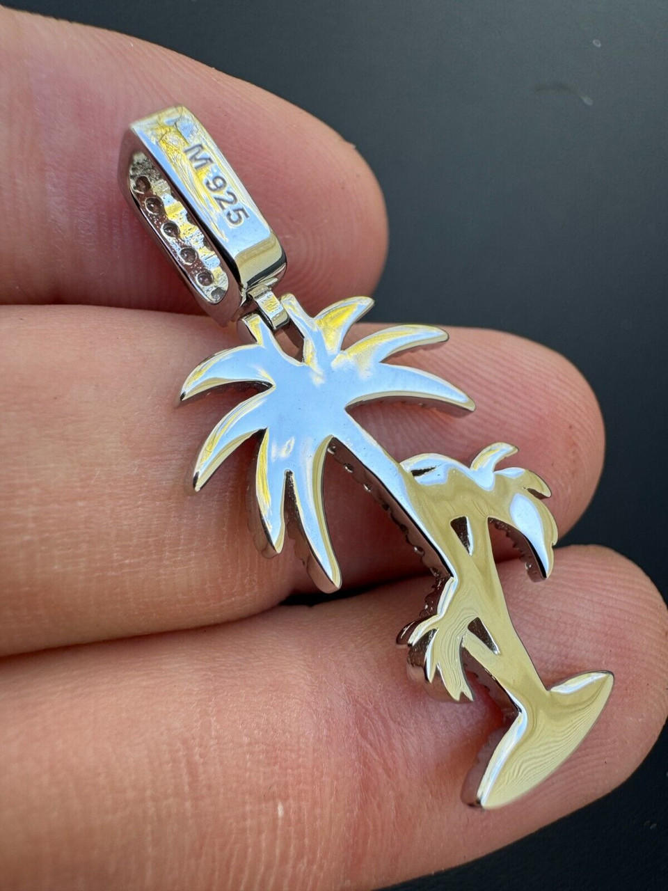 MOISSANITE Real 925 Silver Gold Palm Tree Necklace Pendant Iced Piece