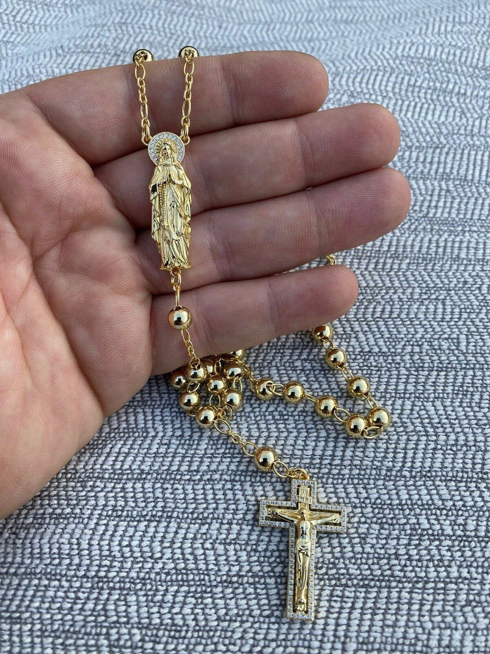 MOISSANITE Rosary Beads Necklace 14k Gold Vermeil 925 Silver Rosario Jesus 30"