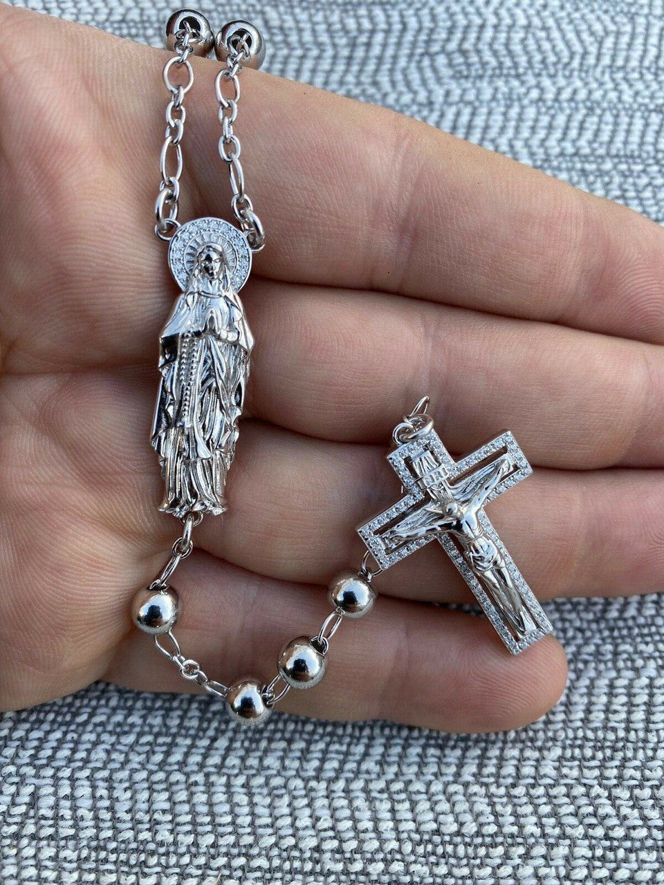 MOISSANITE Rosary Beads Necklace Real 925 Sterling Silver Rosario Jesus 30" 6mm