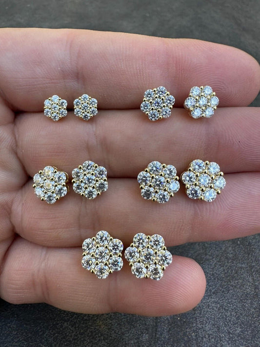 MOISSANITE Cluster Iced Out Honeycomb Set Earrings - 14k Gold Vermeil 925 Silver - 6mm -11mm