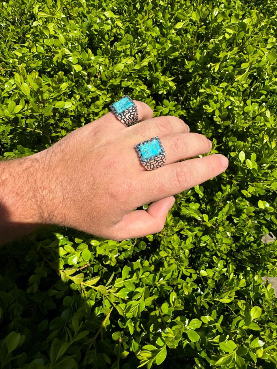 Natural Blue Turquoise Gemstone Mens Real Solid 925 Silver Handmade Nugget Ring