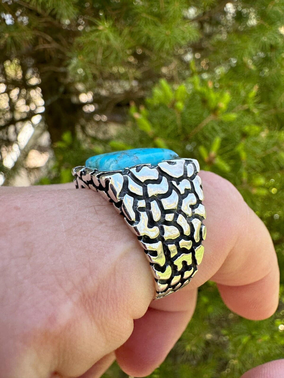 Natural Blue Turquoise Gemstone Mens Real Solid 925 Silver Handmade Nugget Ring