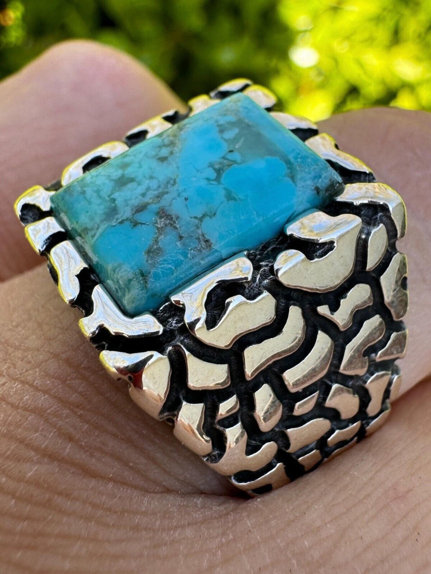 Natural Blue Turquoise Gemstone Mens Real Solid 925 Silver Handmade Nugget Ring