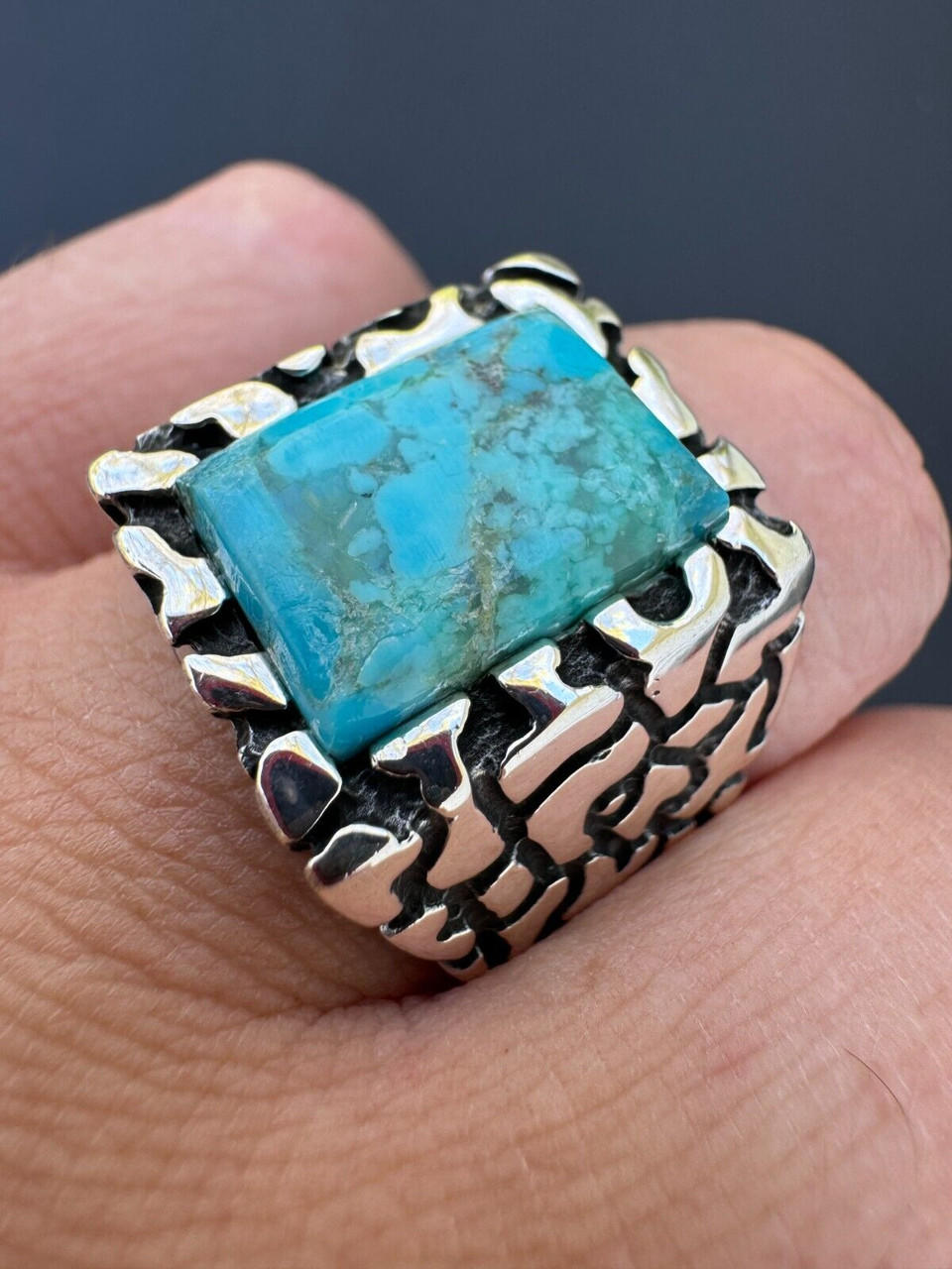 Natural Blue Turquoise Gemstone Mens Real Solid 925 Silver Handmade Nugget Ring