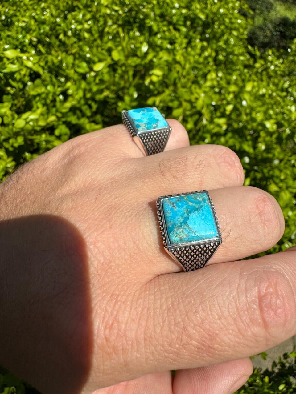Natural Blue Turquoise Gemstone Mens Real Solid 925 Silver Handmade Vintage Ring