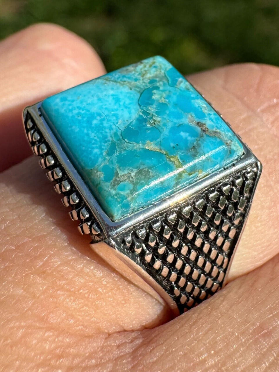 Natural Blue Turquoise Gemstone Mens Real Solid 925 Silver Handmade Vintage Ring