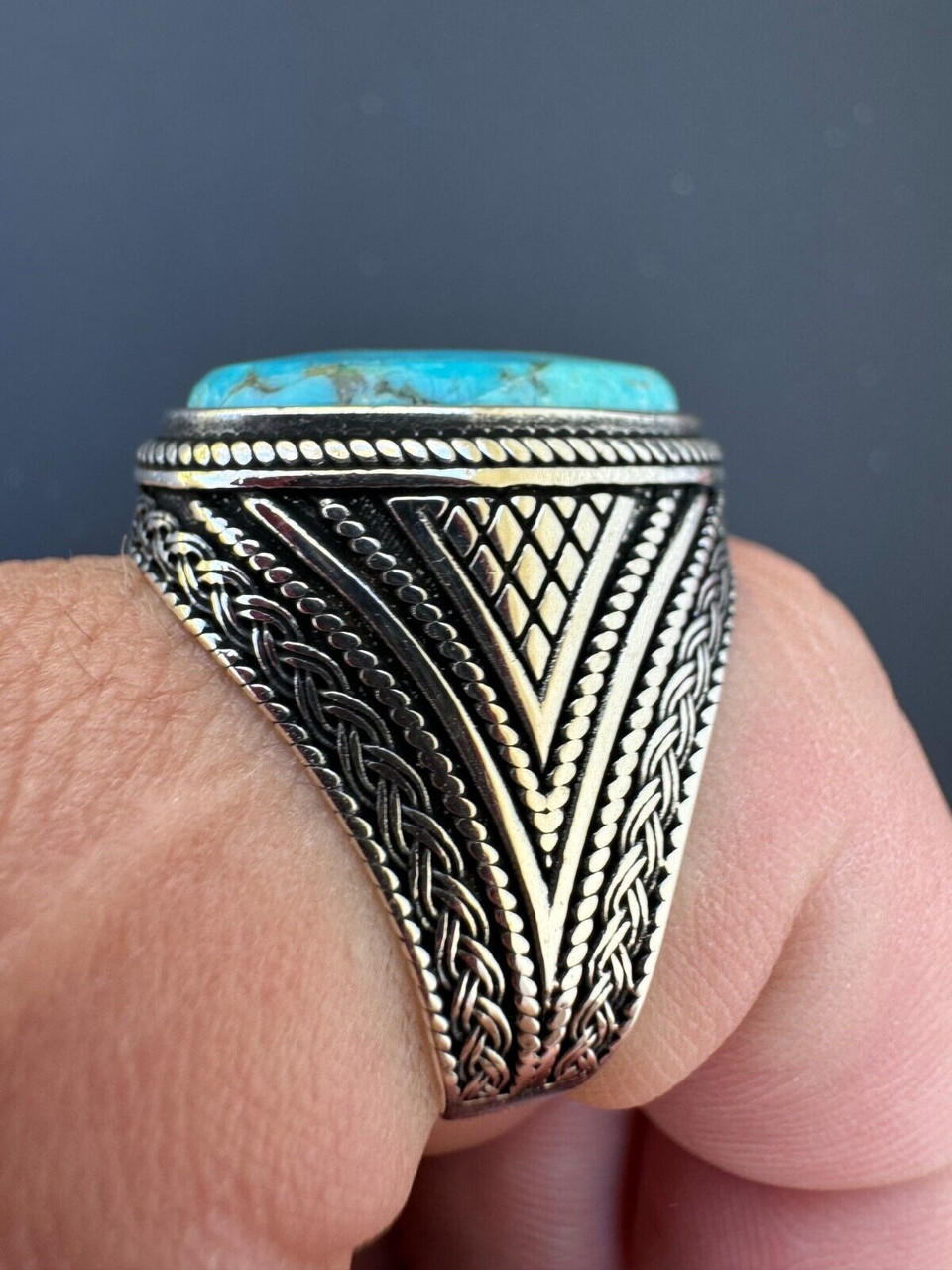 Natural Turquoise Mens Real Solid 925 Silver Handmade Oval Native American Ring