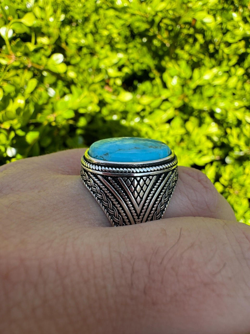 Natural Turquoise Mens Real Solid 925 Silver Handmade Oval Native American Ring