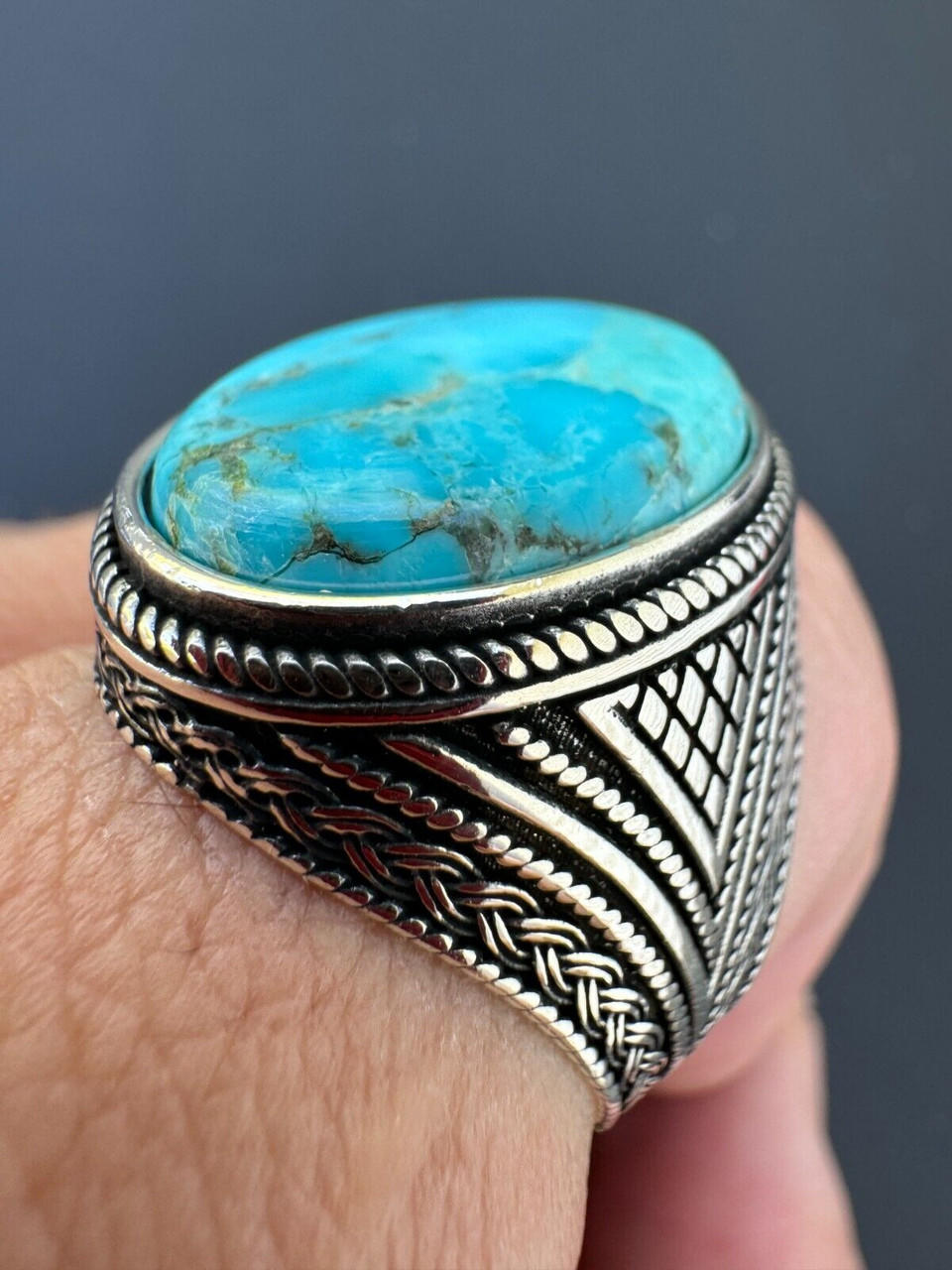 Natural Turquoise Mens Real Solid 925 Silver Handmade Oval Native American Ring