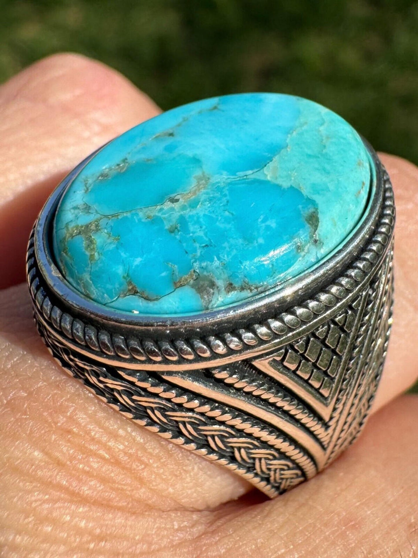 Natural Turquoise Mens Real Solid 925 Silver Handmade Oval Native American Ring