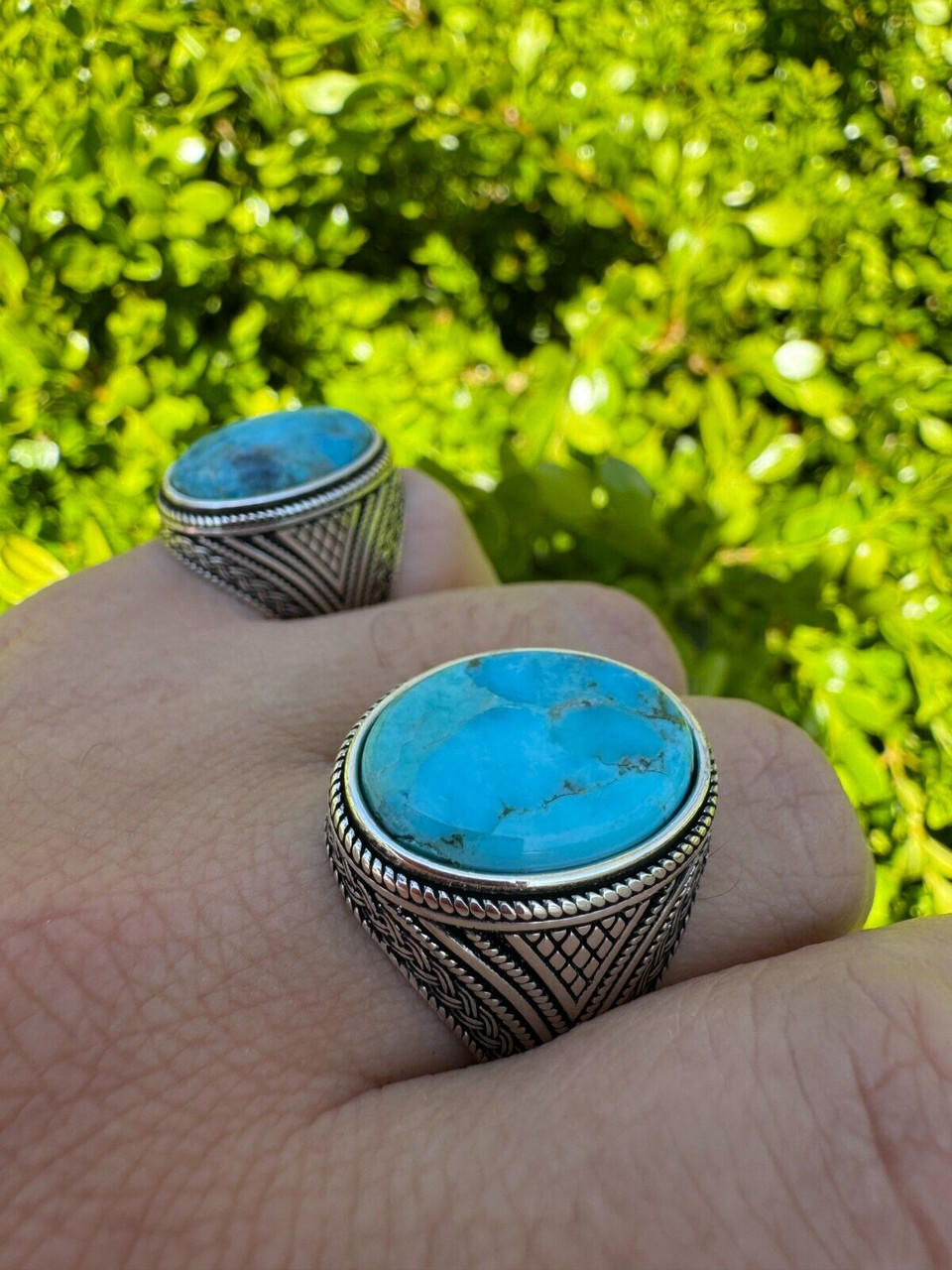 Natural Turquoise Mens Real Solid 925 Silver Handmade Oval Native American Ring