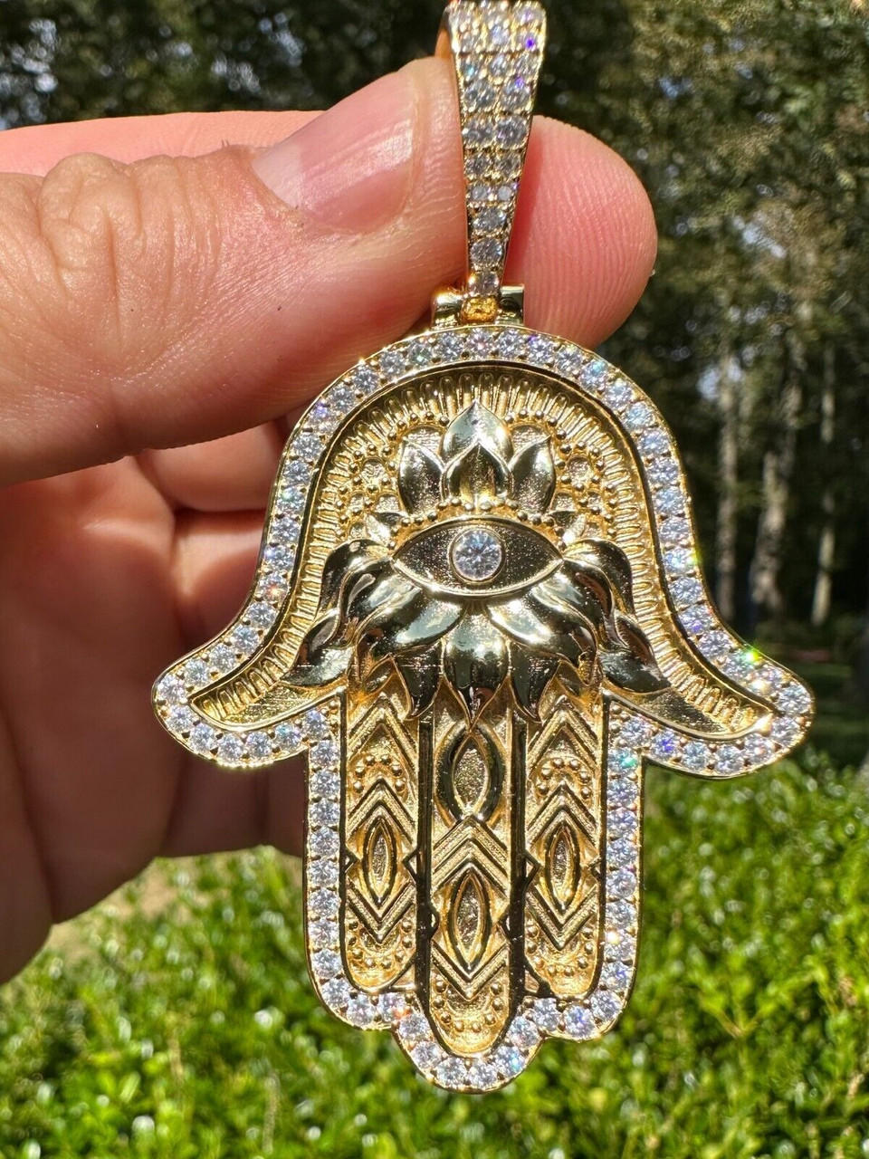 Real 14k Gold & 925 Sterling Silver Hamsa Evil Eye Hand Iced MOISSANITE Pendant