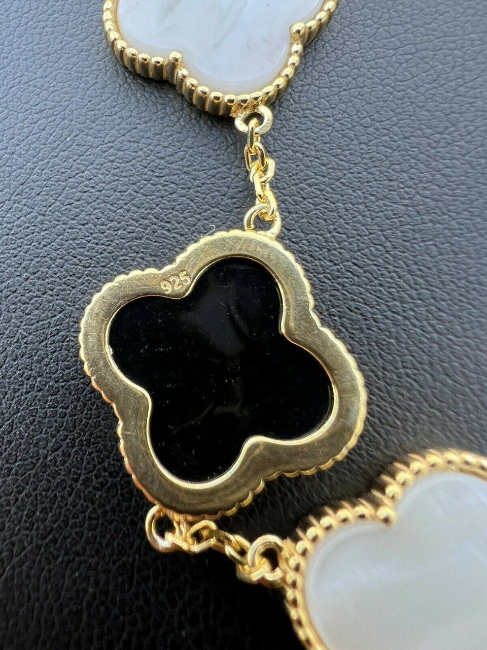 Real 14k Gold Vermeil 925 Black Onyx & Pearl Leaf Clover Flower Bracelet 6-7.5"