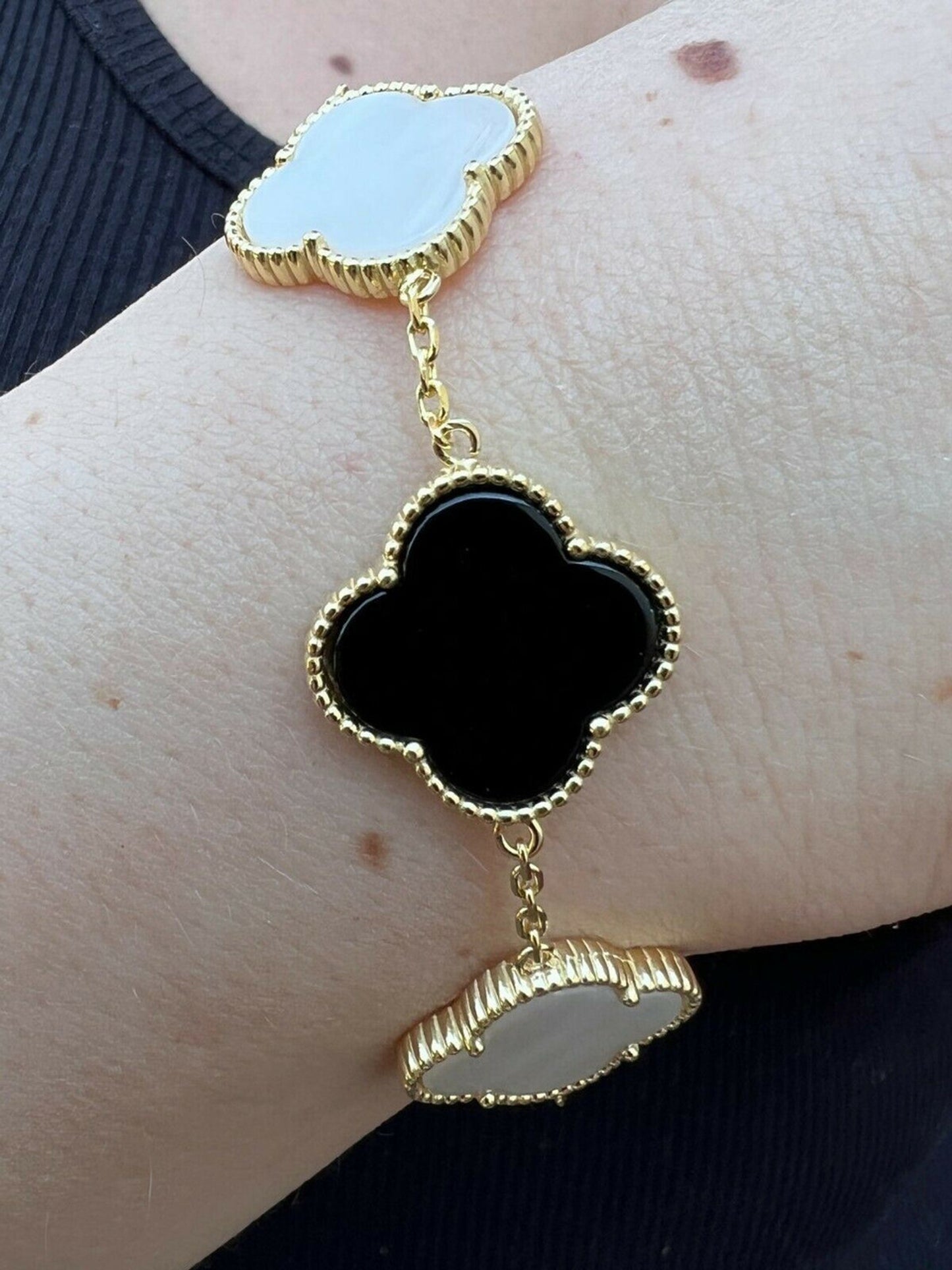 Real 14k Gold Vermeil 925 Black Onyx & Pearl Leaf Clover Flower Bracelet 6-7.5"