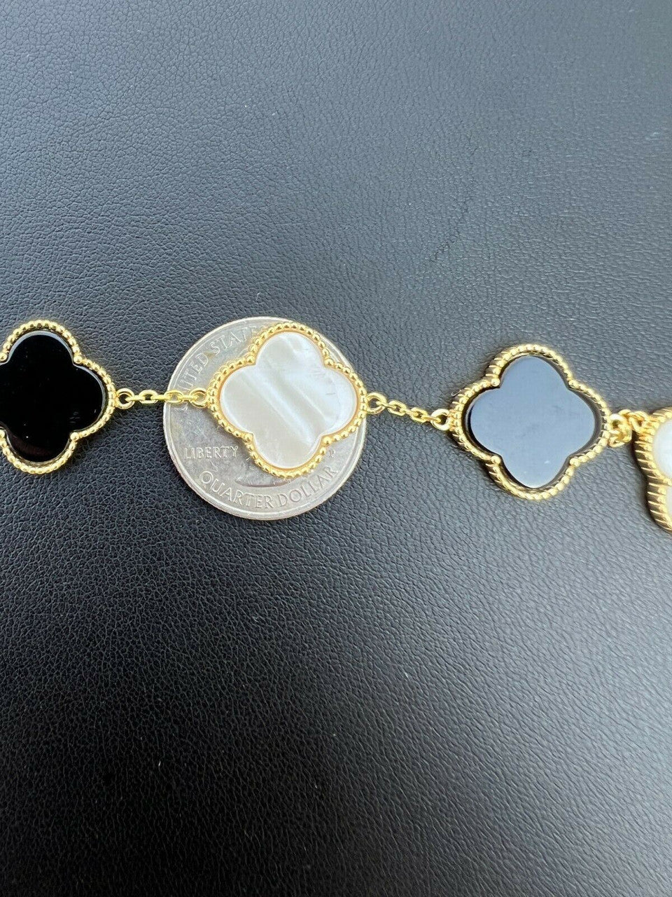 Real 14k Gold Vermeil 925 Black Onyx & Pearl Leaf Clover Flower Bracelet 6-7.5"