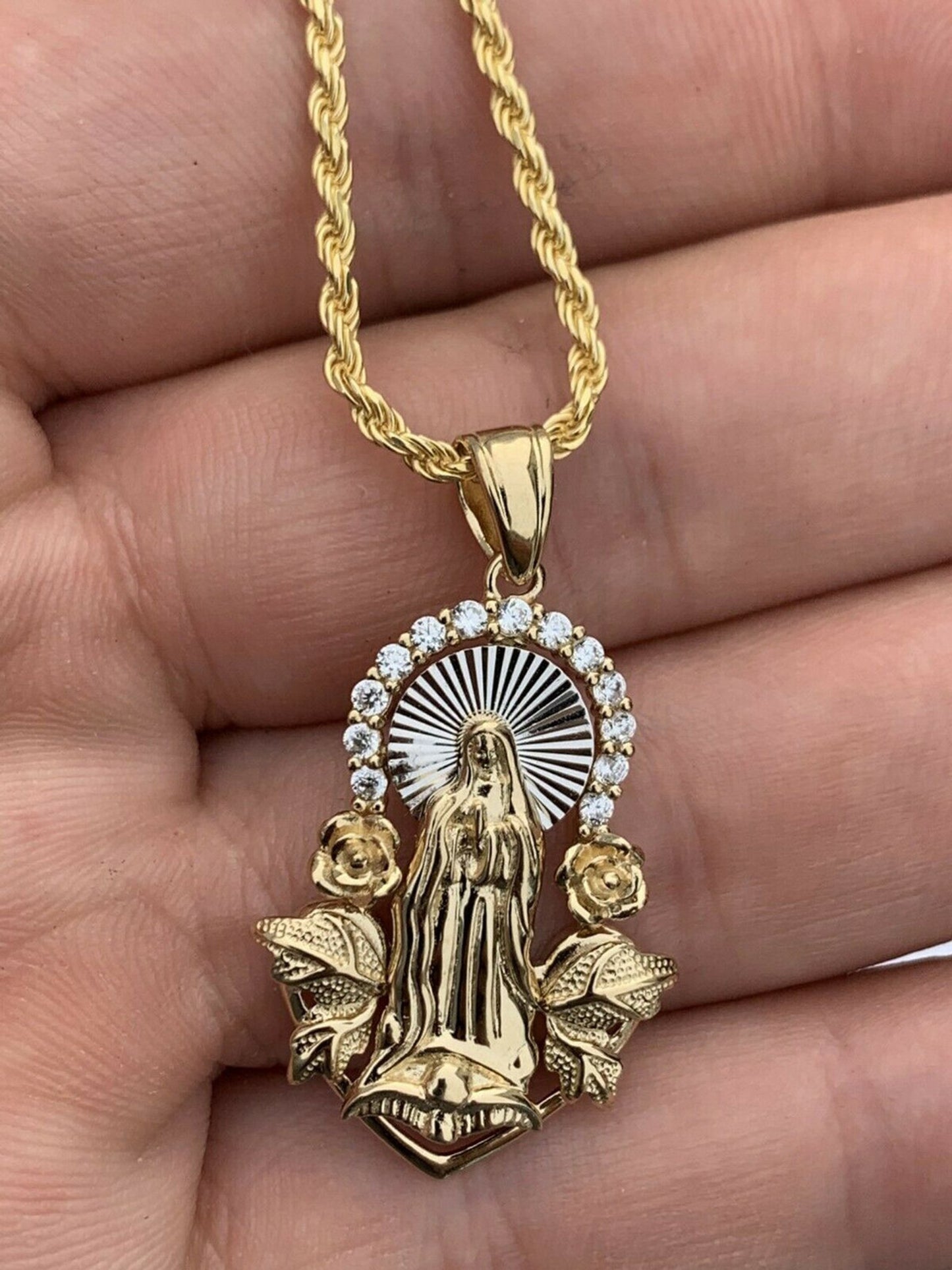 Real 14k Yellow Gold Over 925 Silver Virgin Mary Pendant Iced Men Ladies