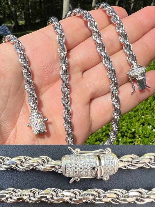 Real 6mm Rope Chain Necklace Bracelet Solid 925 Silver Iced 1ct MOISSANITE Clasp