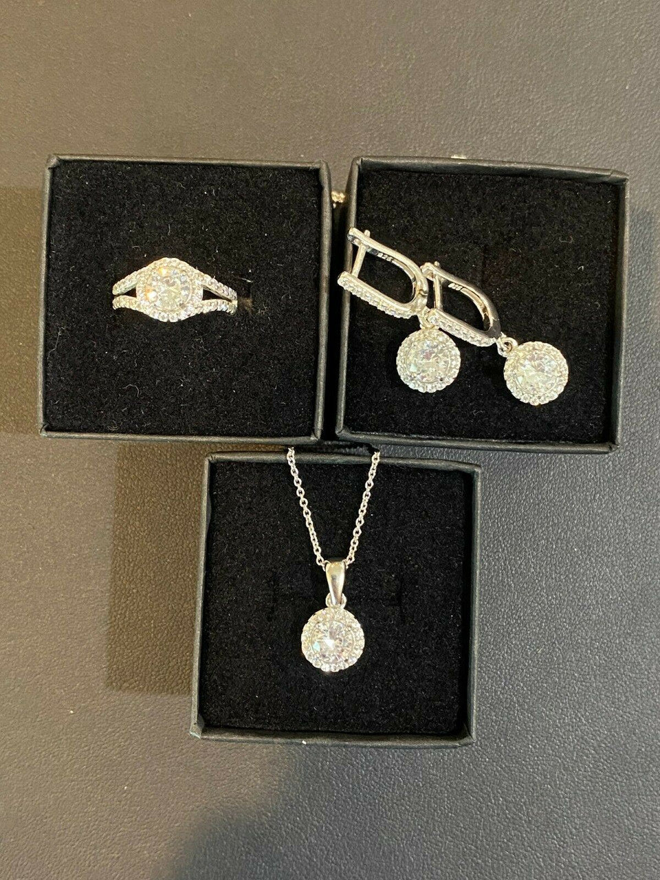 Real 925 Silver Diamond Ring Pendant Necklace Earrings Jewelry Set Wedding Girls