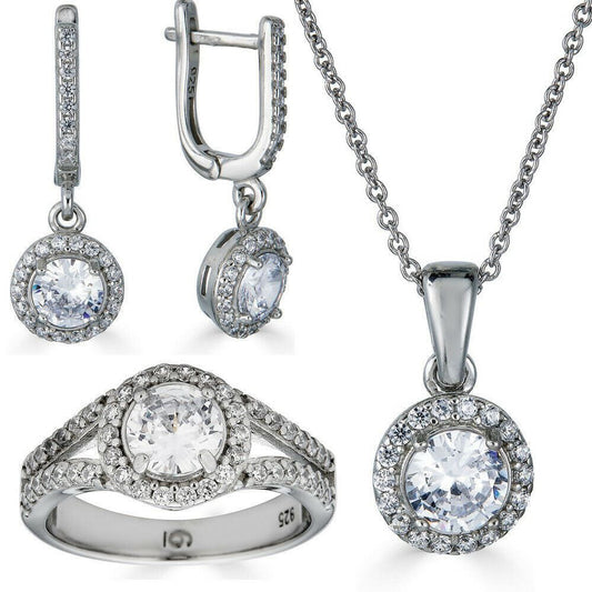 Real 925 Silver Diamond Ring Pendant Necklace Earrings Jewelry Set Wedding Girls