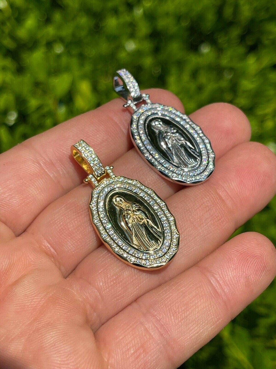 Real 925 Silver / Gold MOISSANITE Virgin Mary Necklace Pendant Iced Medallion