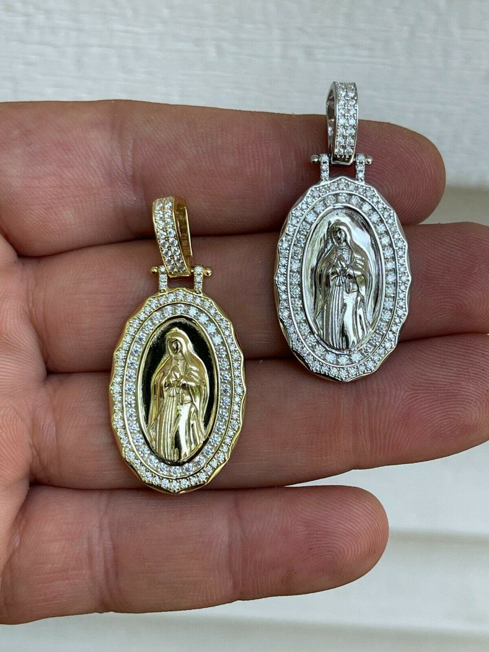 Real 925 Silver / Gold MOISSANITE Virgin Mary Necklace Pendant Iced Medallion