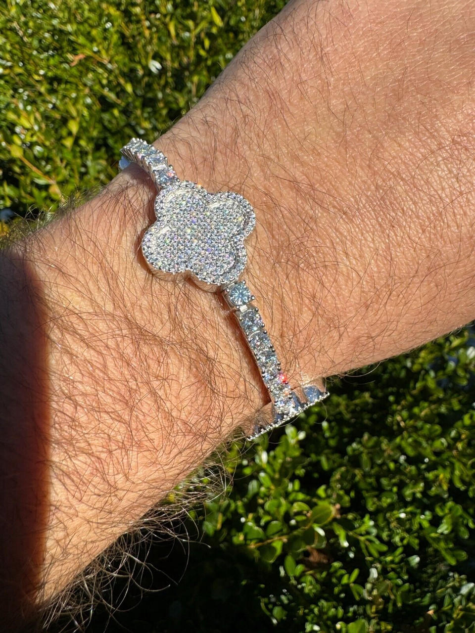 Real 925 Silver Iced Moissanite Clover Shape Tennis Bracelet Mens Ladies