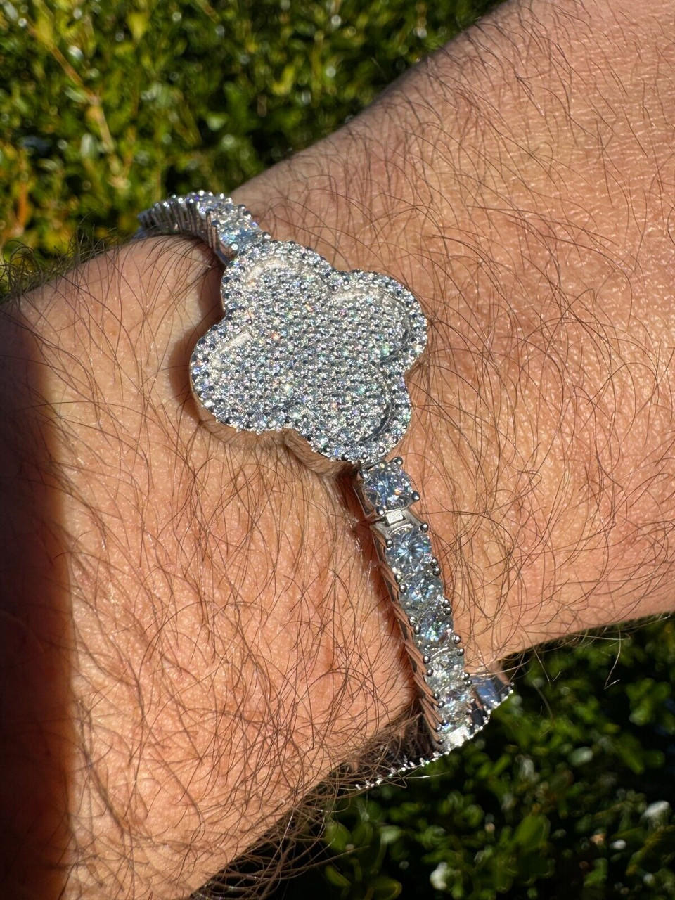 Real 925 Silver Iced Moissanite Clover Shape Tennis Bracelet Mens Ladies